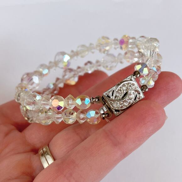 VTG Mid Century AB Crystal Double Strand Bracelet with Filigree Clasp 1950s - Picture 2 of 12